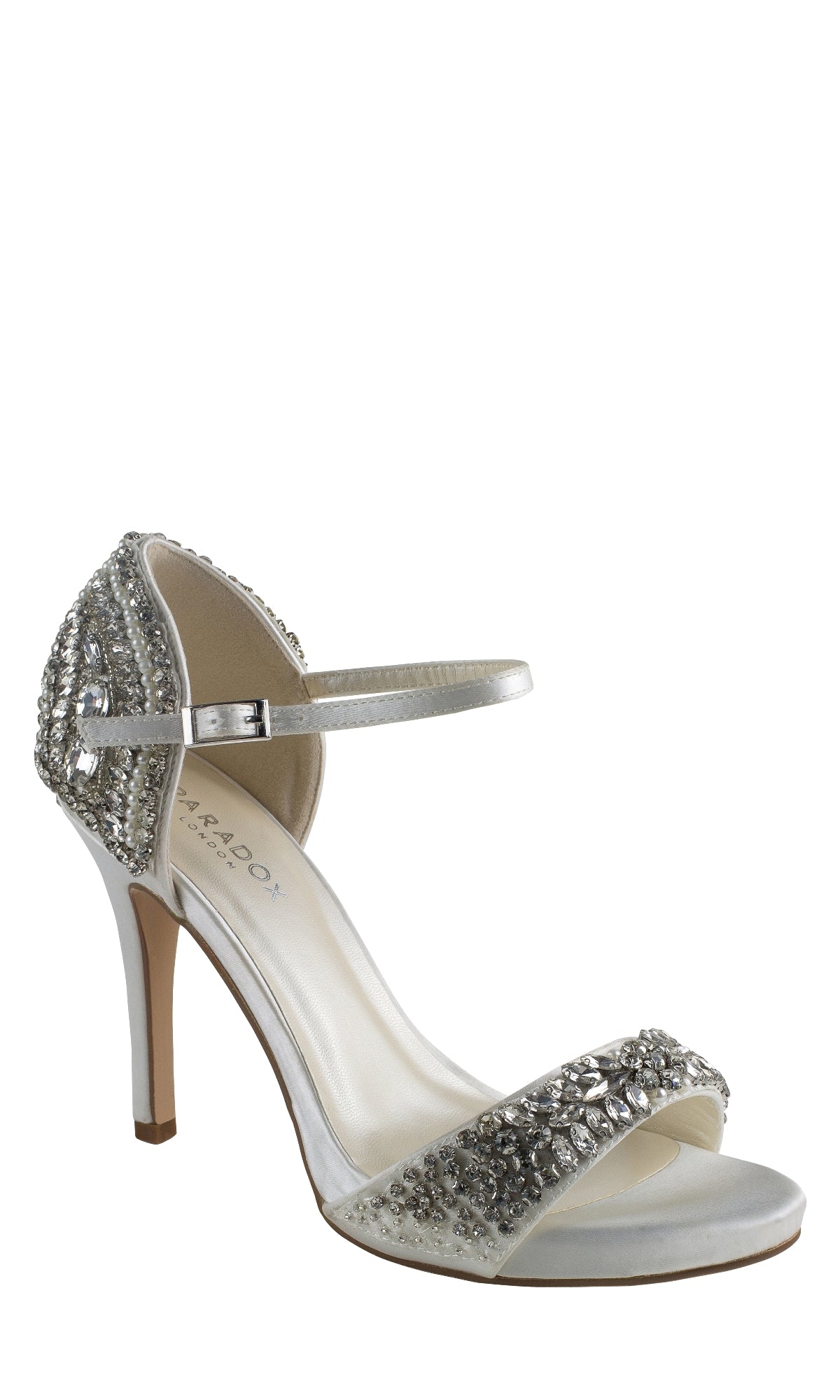Elodie Ivory Satin Prom Shoes by Paradox London (P2107) feature an ankle strap, open toe, and jeweled accents on the heel and toe—ideal for adding sparkle to your style.